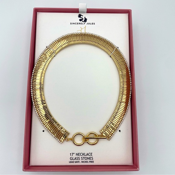 Sincerly Jules Jewelry - Sincerely Jules Wide Gold Tone 17” Necklace with Glass Stones NWT